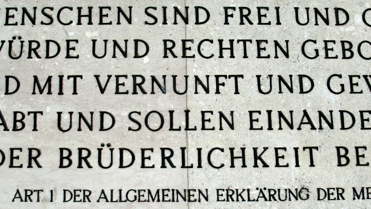 Text von Artikel 1 der Allgemeinen Erklärung der Menschenrechte an der Außenwand des österreichischen Parlamentsgebäudes in Wien